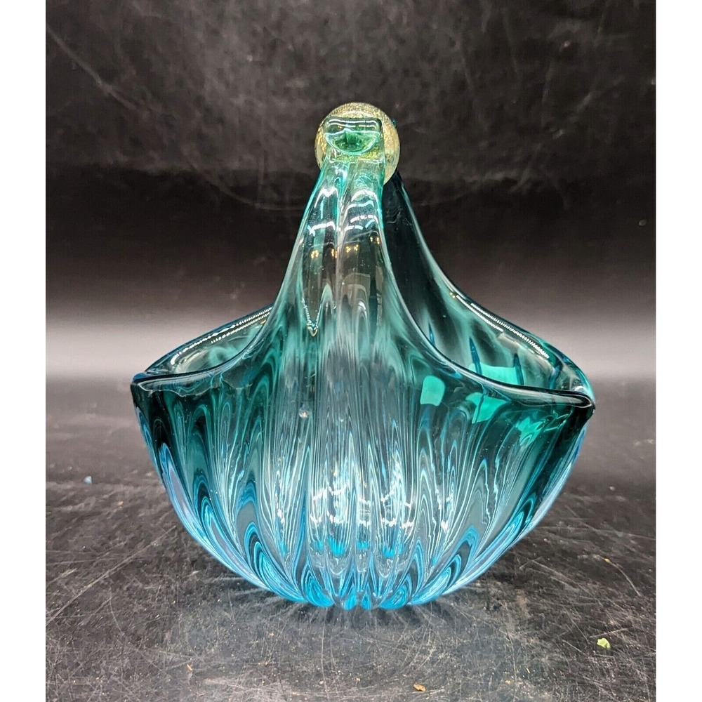 Vintage Alfredo Barbini Handmade Murano Art Glass Basket Blue and Gold 6.5"